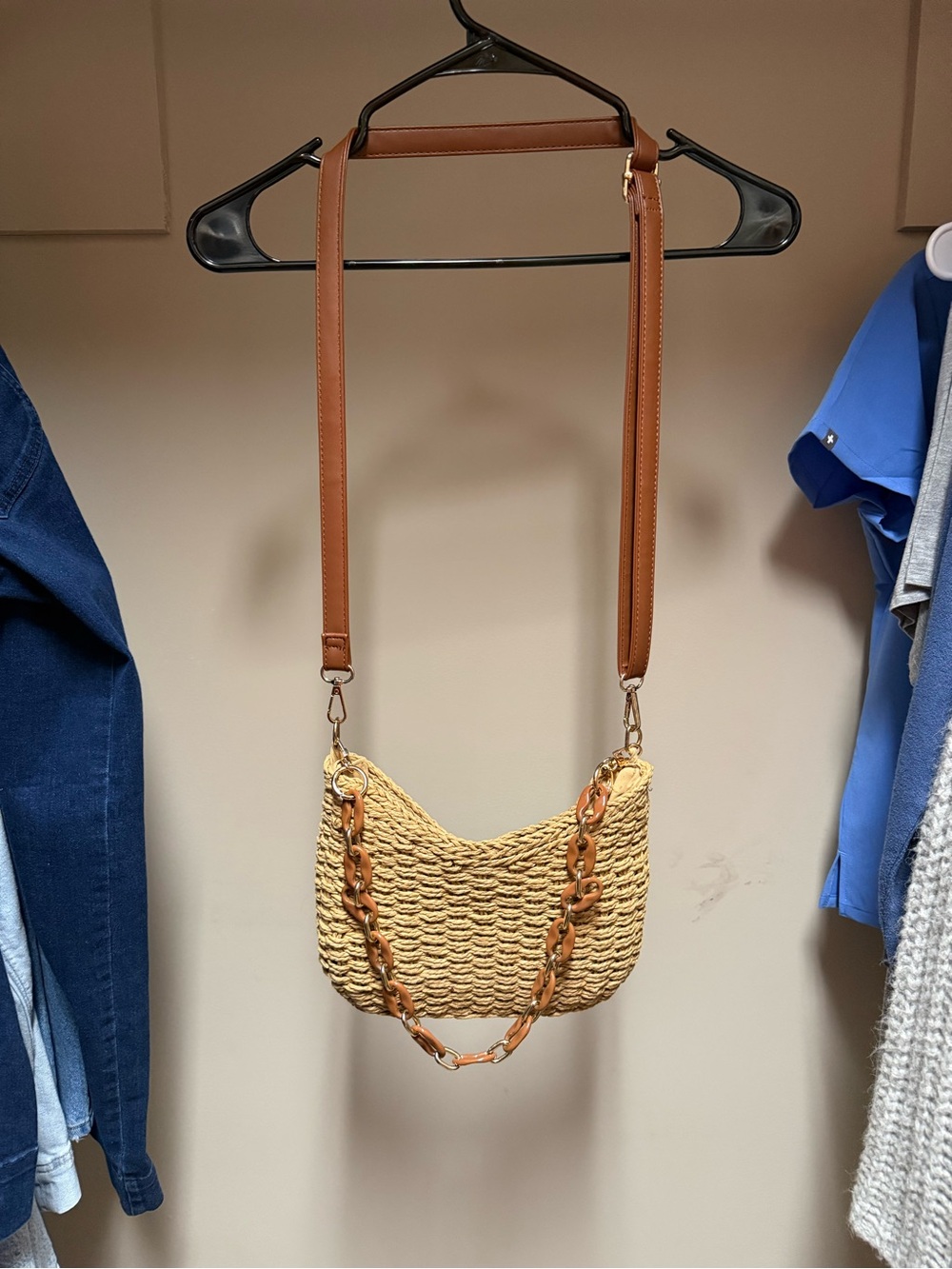 Woven Straw Crossbody Bag with Tan Leather Strap